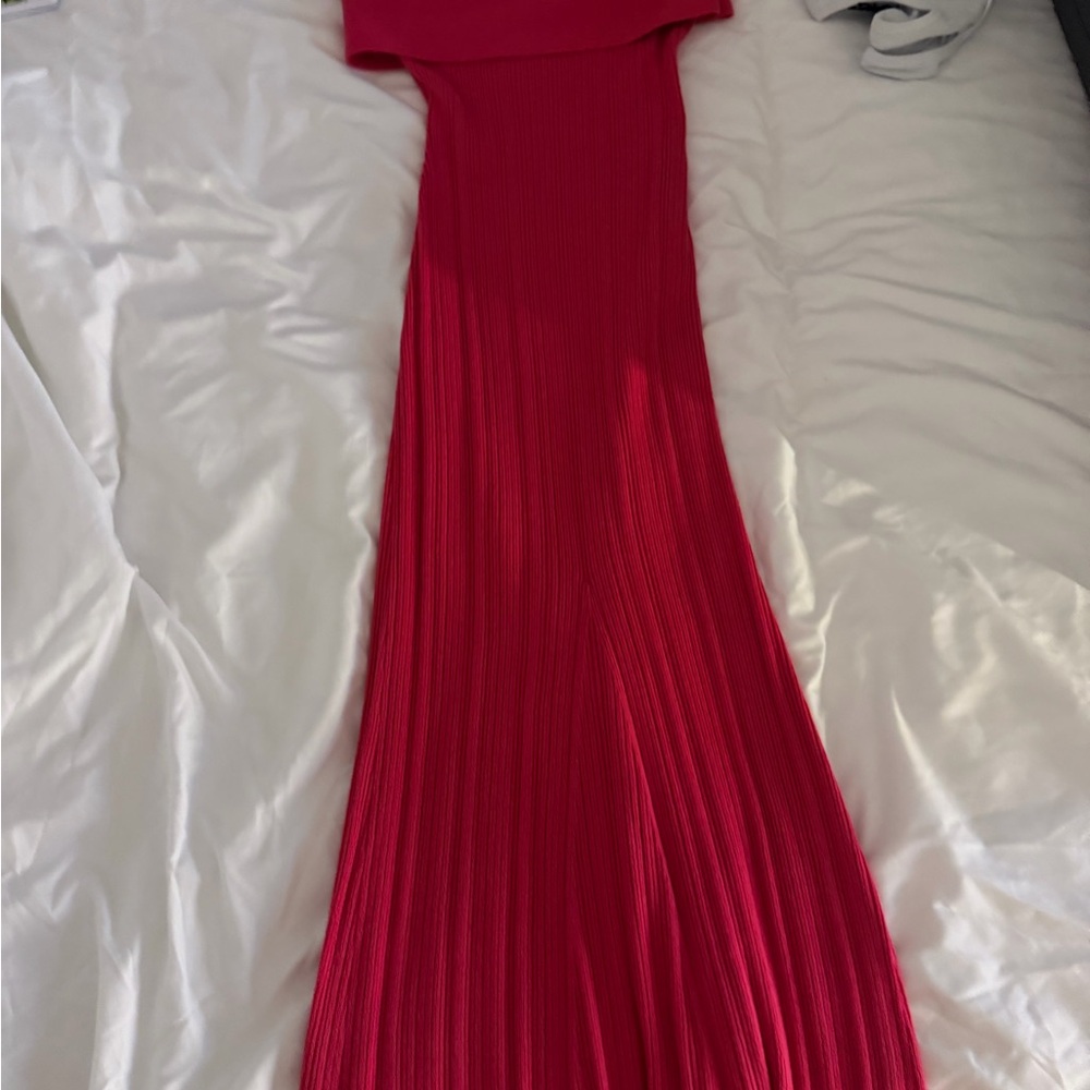 Anna Quan Off‑Shoulder Pleated Maxi Dress in Bright Pink - Picture 2 of 6